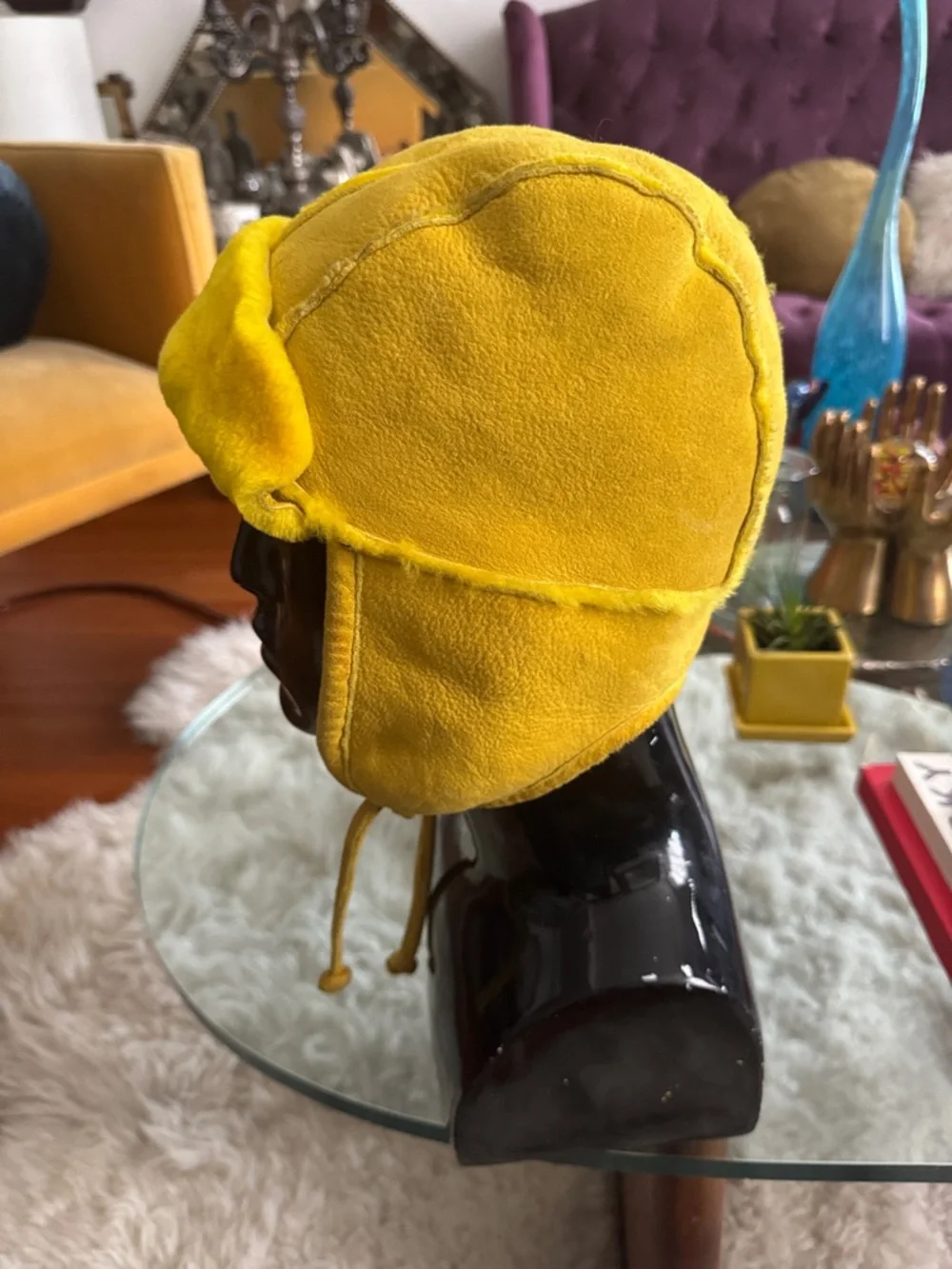 J.Crew Genuine Suede Shearling Trapper Aviator Hat Yellow Fur Lined Vinatge